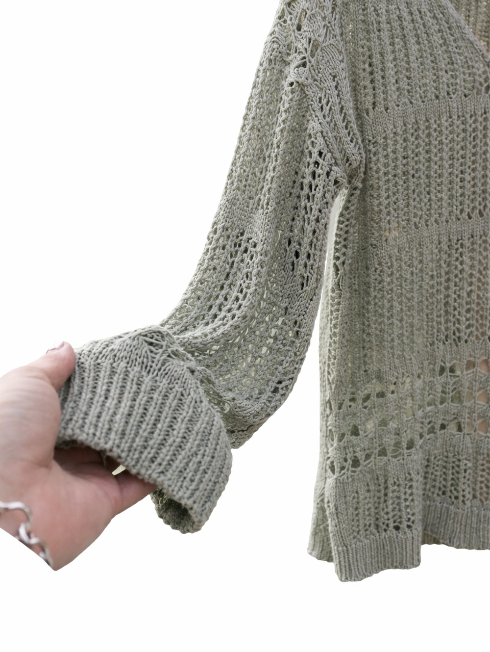 BiBi Sage Green Open Knit Sweater M Boho Lightweight Crochet Pullover - Picture 3 of 9